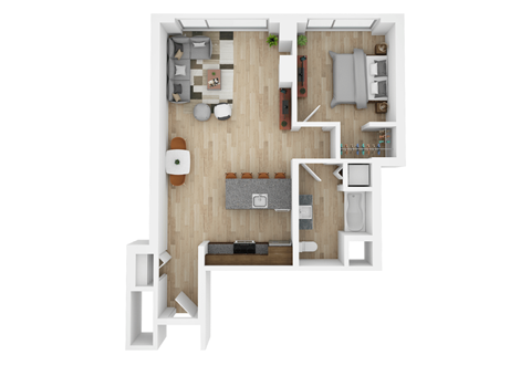 Floor plan for 1 bed, 1 bath, 734 sqft
